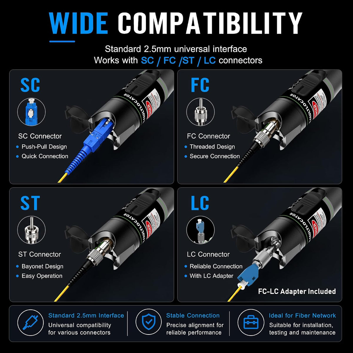 2-Pack Fiber Optic Visual Fault Locator Kit, Red Light Fiber Tester for Single Mode and Multimode Cable, VFL Pen Compatible with SC ST FC LC Connectors, Network Maintenance Test Tool - Image 4