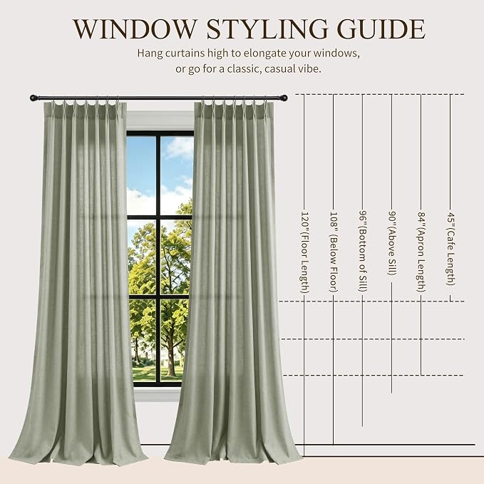 Hokibero Sage Green Pleated Linen Curtains 108 Inch Long for Living Room | Light Filtering Sheer Curtain,Pinch Pleat Back Tab Hooks Rings,Farmhouse Textured Privacy Drapes for Bedroom Window,2 Panels - Image 9