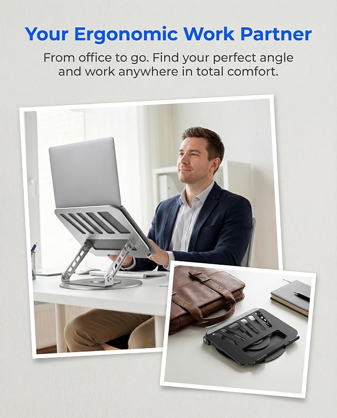 Compatible 360° Rotating Adjustable Laptop Stand, Fully Foldable Dual Rotary Shaft Laptop Riser Portable Standing Desk, Fits MacBook & All 10-15 Inch Laptops - Grey - Image 7