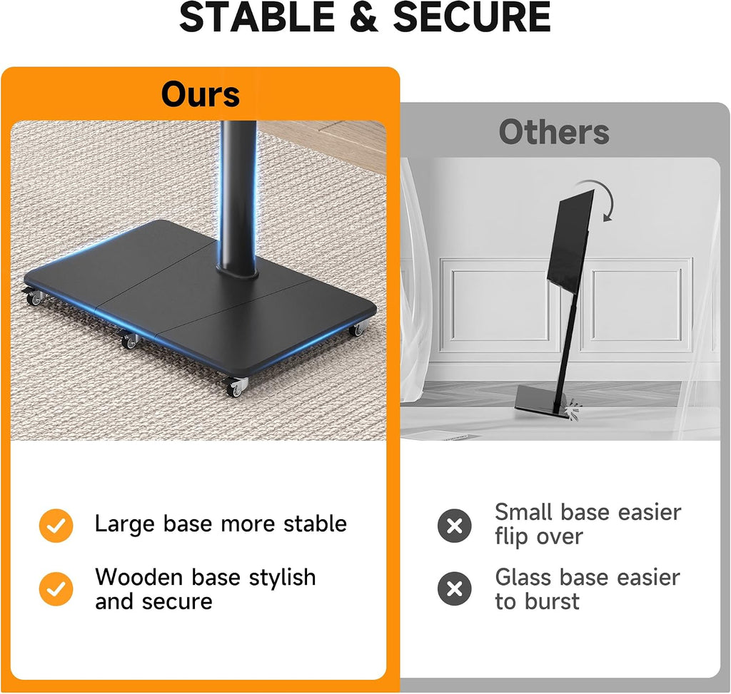 Tall Floor TV Stand for 32-75" TV Portable Rolling TV Cart with Wheels Height Adjustable with Wood Base, Holds up to 88 lbs, Max VESA 600x400mm TS005HB - Image 4