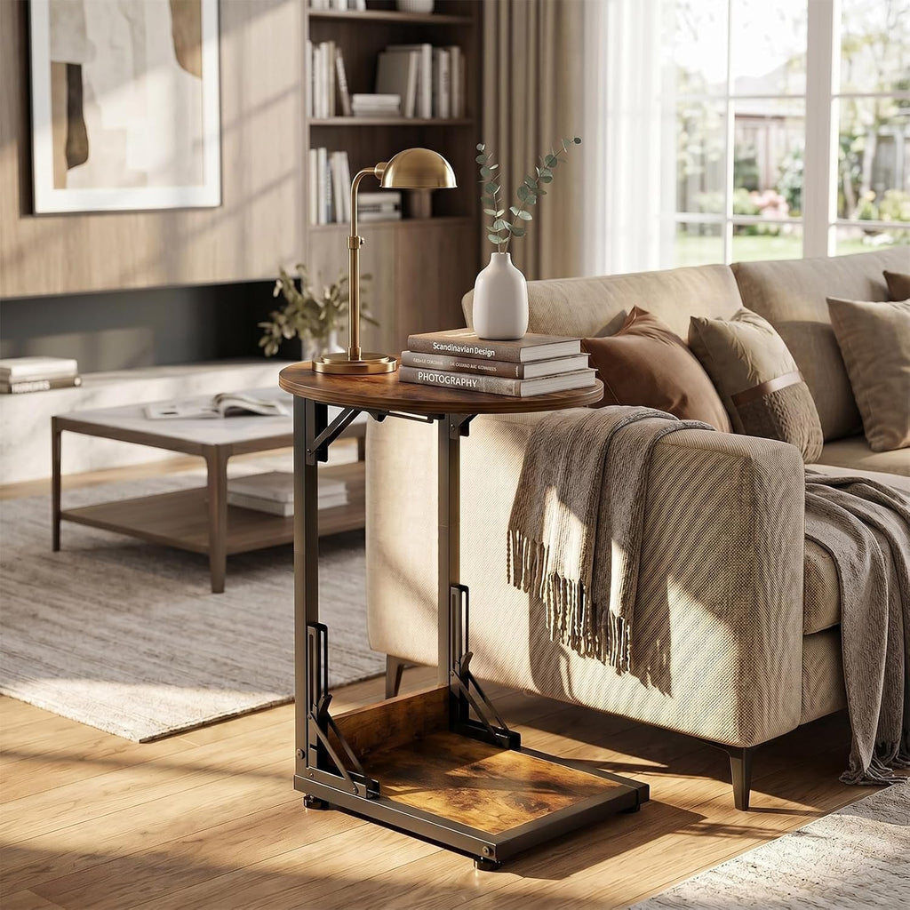 C Shaped Side Table, Folding End Table with Metal Frame, Foldable Table for Eating, Couch Sofa Table,Slide Under TV Tray Table for Living Room, Bedroom, Small Spaces (Brown) - Image 7