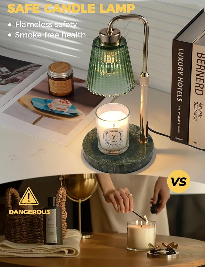 Marble Candle Warmer Lamp Green with Cycle Timer, Dimmable Wax Melt Warmer | 24h Cycle Timer Dimmable Wax Melt Warmer with 2 Bulbs, Fall Decor for Home Living Room Halloween Decorations Gifts for Mom - Image 2
