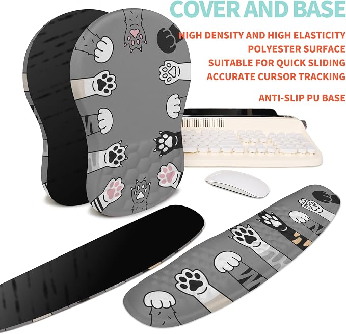 2-in-1 Ergonomic Set, Wave Rise Keyboard Wrist Rest and Massage Bulge Slope Mouse Pad Wrist Support, Cushion Memory Foam Integrated to Relieve Wrist Pain, Cute Cat Paws - Image 6