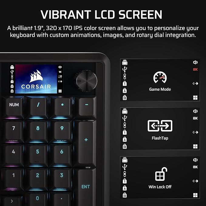 Corsair Vanguard 96 Wired Mechanical Gaming Keyboard – 96% Layout, MLX Fusion Tactile Switches, 8000Hz Polling, LCD Display, Virtual Stream Deck, G-Keys, SOCD Flashtap, QWERTY US – Black - Image 6
