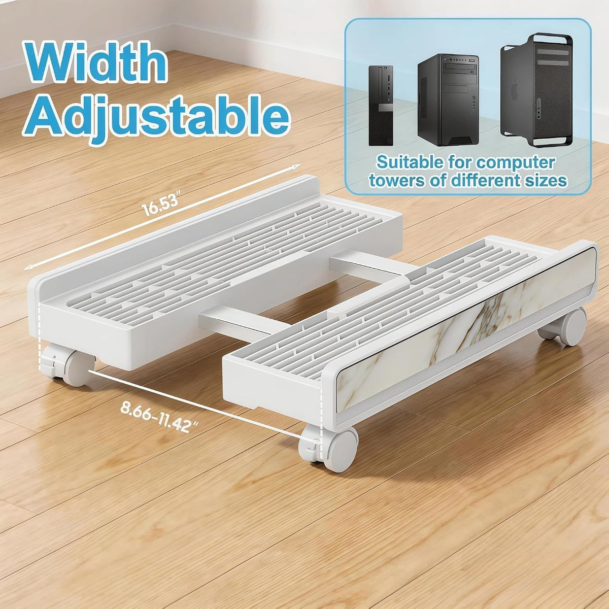 Mobile Computer Tower Stand, 8.66-11.42" Width Adjustable CPU Stand, White - Image 3