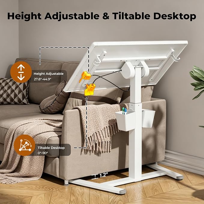 35" Glass Mobile Standing Desk, Foldable Desktop for Storage | Height Adjustable Portable Drafting & Laptop Desk with Wheels, Small Rolling Whiteboard for School Home Office, White - Image 9