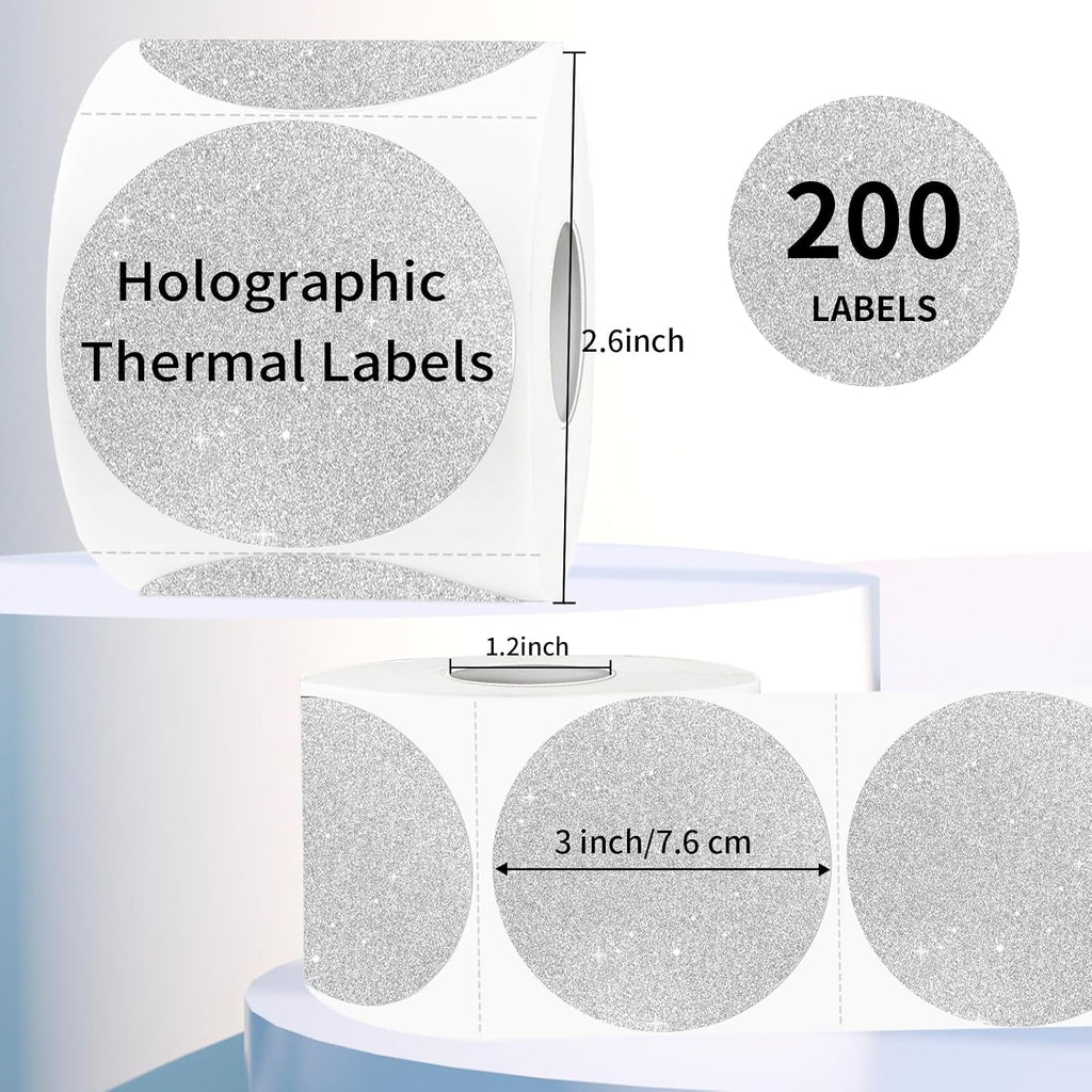 STARLIBOO 3 Inch Holographic Labels, Circle Direct Thermal Labels Stickers, Self-Adhesive Round Printer Labels for DIY Logo Design (Holographic Shiny Silver) - Image 2