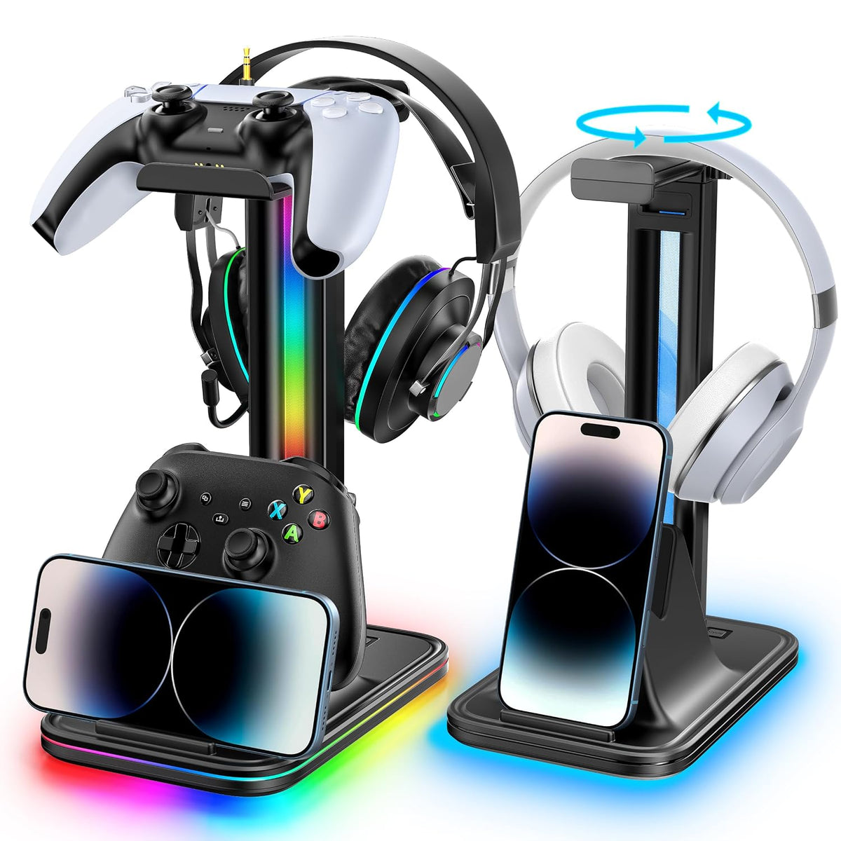 Kytok 4-in-1 Headset and Controller Stand for Desk, 360° Rotating Headphone Stand with Phone Holder, 10 RGB Modes for Accesorios de Mesa Gamer, P5/SW/Xbx Levitating Gaming Headset and Controller Stand by Kytok