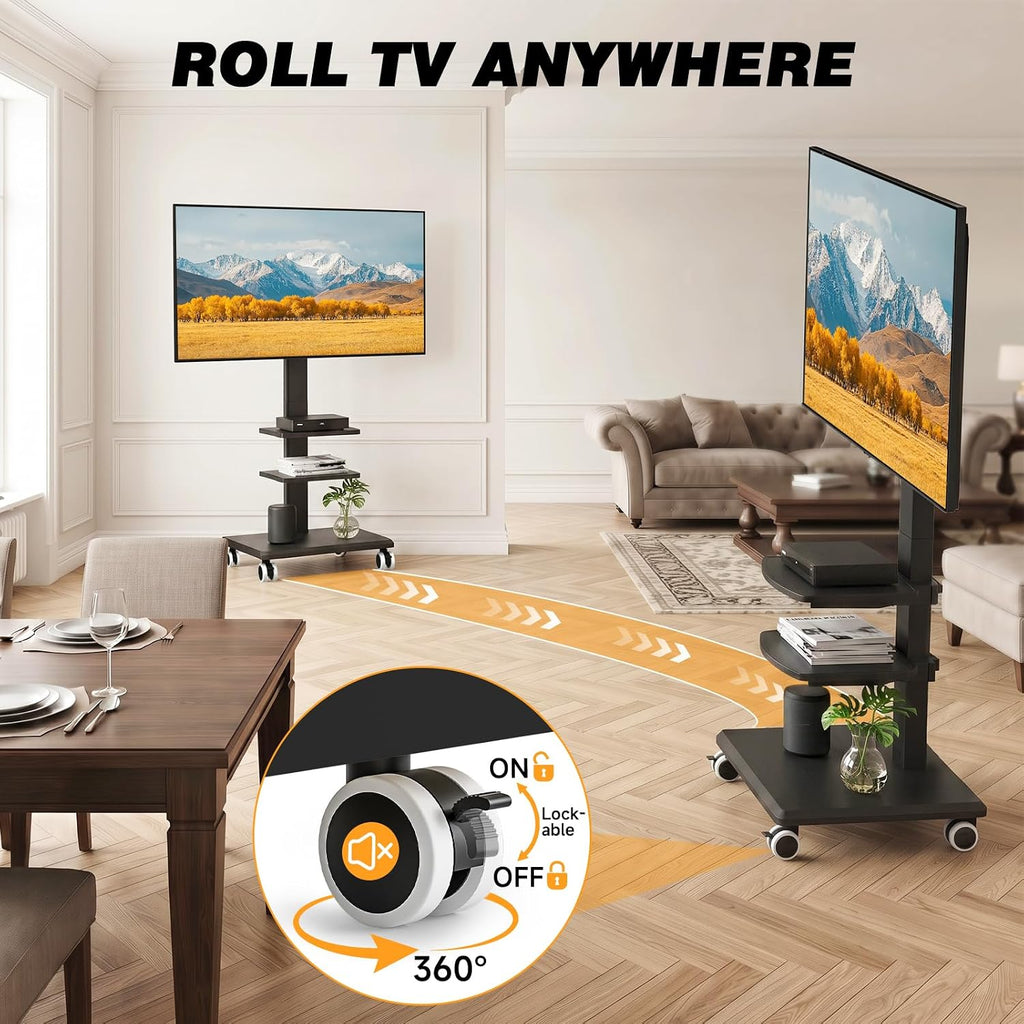 Rolling Floor TV Stand with Double Shelves, Height Adjustable Swivel Freestanding TV Mount with 2'' Lockable Nylon Casters, Solid Wood Base for 32-75 Inch TVs up to 110 lbs, Max VESA 400x400mm - Image 5