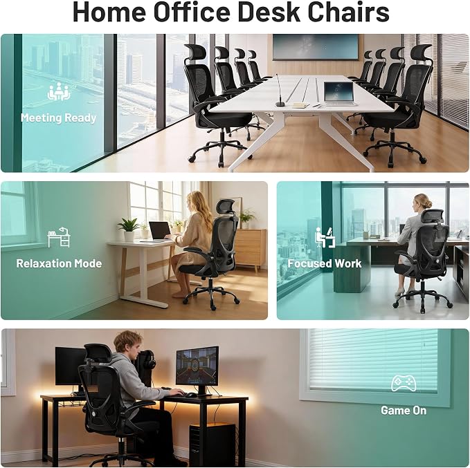 Office Chair - Ergonomic Desk Chair Breathable Mesh Chair with 2D Headrest & Adjustable Lumbar Support - Executive High Back Rolling Swivel Computer Gaming Chair with Wheels Flip-up Armrests - Image 9