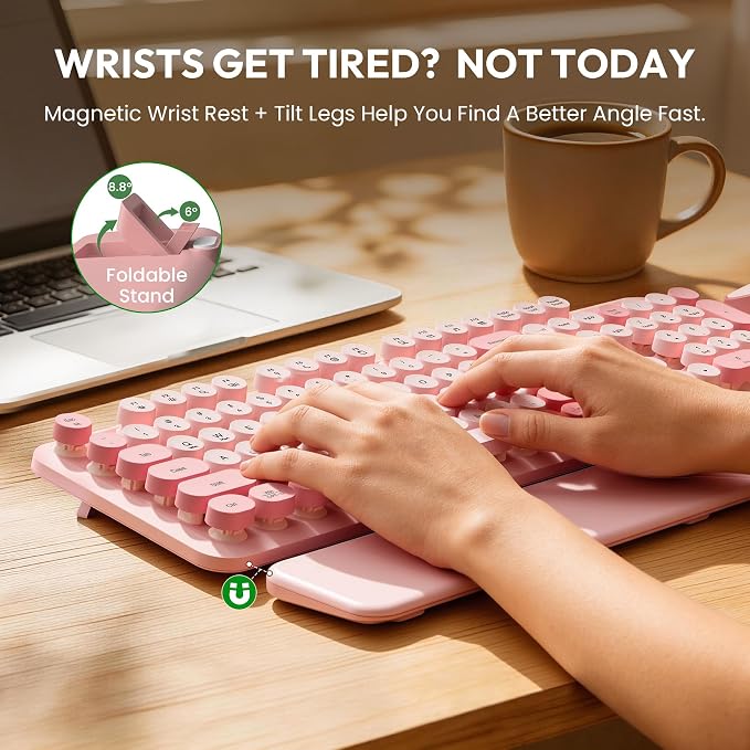 Wireless Keyboard and Mouse Combo, Typewriter Keyboard, Magnetic Wrist Rest | Full-Size, Cute Round Keycaps, Smart Sleep Mode, 2.4GHz Stable Connection for Mac/Windows/PC, Office or Home, Trueque CK24 - Image 3