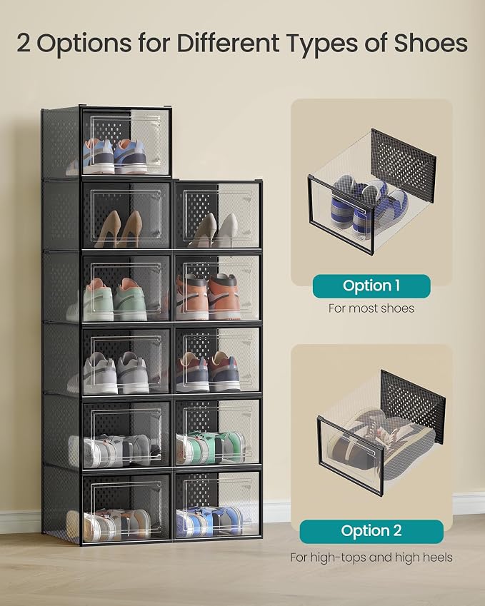 SONGMICS Shoe Boxes, Clear Plastic Sneaker Box, Pack of 18 | Stackable Shoe Storage Organizers, for Closet, 13.1 x 9.9 x 7.4 Inches, Transparent and Black, DENNYS Collection ULSP007B18 - Image 4