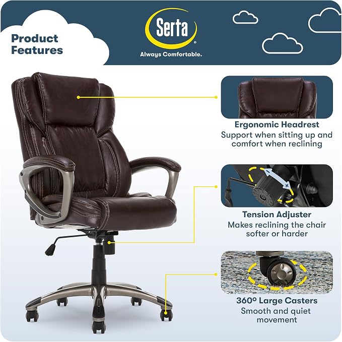 Serta Ergonomic Executive Office Chair with Lumbar Support, Leather Chair | Garret, Back Pain Relief, Foam Seat Cushion, Padded Arms, Adjustable Height and Reclining, Office Chair with Wheels, Brown - Image 3