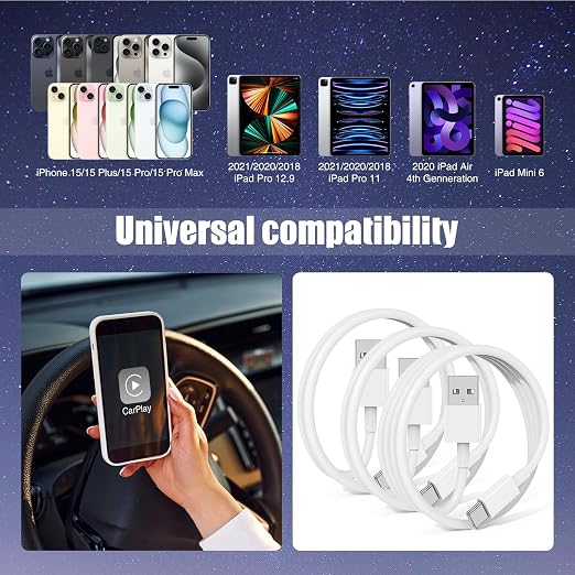 Car Carplay Cable for iPhone 17 16 15 Pro Plus Pro Max Air，3-Pack [3.3FT+3.3FT+6FT] USB A to USB C Cable for iPhone 17 16 15，for iPad Pro/Air/Mini，for Galaxy S25 S24，for MacBook Pro/Air and More - Image 5