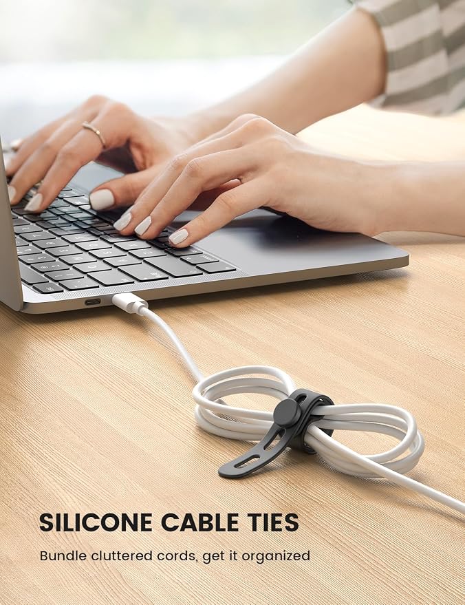 Lamicall 10 Pack Silicone Cable Ties Cord Organizer - Wire Management Wraps | Reusable, Stretchy, Skin-Friendly Rubber Charger Straps Ties, Electrical Cord Keeper for Travel, Home Office Desk Accessories - Image 2