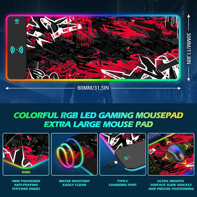 ToLuLu RGB Gaming 5/7.5/10/15W 10 Light Modes Wireless Charging Mouse Pad, LED Mouse Pad Computer Keyboard Mat Mousepad, 800x300x4MM Extended Large Desk Mat for Gaming, MacBook, Laptop, PC,Red Black - Image 6