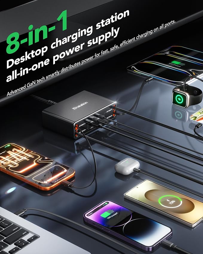 8-in-1 Retractable Charger for Apple Samsung USB C Gan Multiple Devices | 105W Charging Station Usbc Hub,Fast Charger Wall Plug for iPhone 17,Galaxy S26,Pixel,iPad,Home Office,Desktop Accessories - Image 2