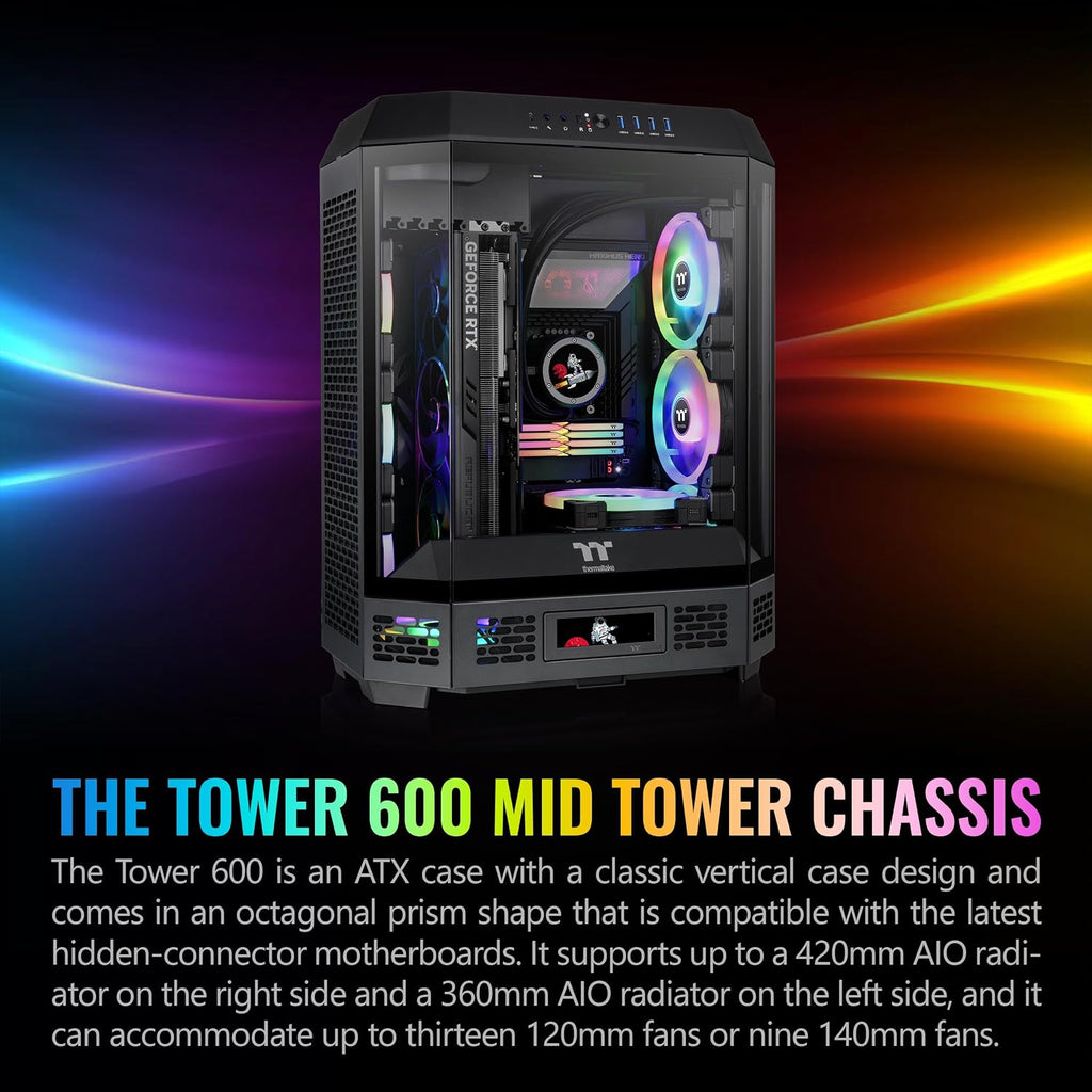 Thermaltake Tower 600 Black Mid-Tower ATX Case; 3 Tempered Glass Panels; Hidden-Connector Motherboard Support; Rotational PCI-e Slots; CA-1Z1-00M1WN-00; 3 Year Warranty - Image 2