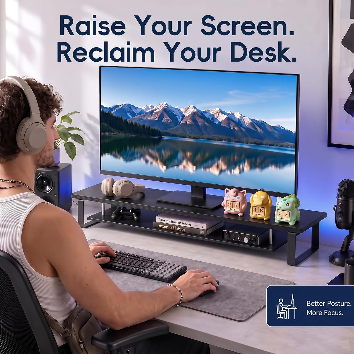 Aothia 2-Tier Monitor Stand, 35 in Desk Riser with Storage, Black - Image 5