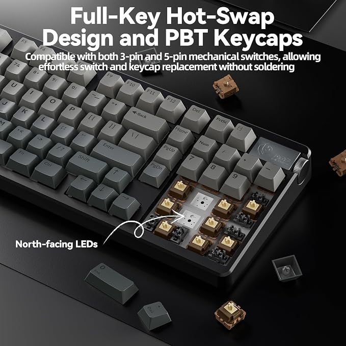 LEOBOG A98 Wireless Mechanical Keyboard, Tri-Mode BT5.0/2.4GHz/USB-C, Creamy Keyboard with Number Pad, Gasket Structure Hot Swappable, PBT Keycaps, RGB Backlit Black Gaming Keyboard with Knob for PC - Image 5