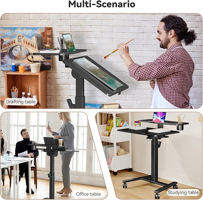 28" Mobile Standing Desk, Tiltable Top with 2-Tier Shelves, Black | Pneumatic Rolling Desk, Adjustable Height Computer Workstation, Sit Stand Portable Drafting Table & Laptop Cart on Wheels - Image 9