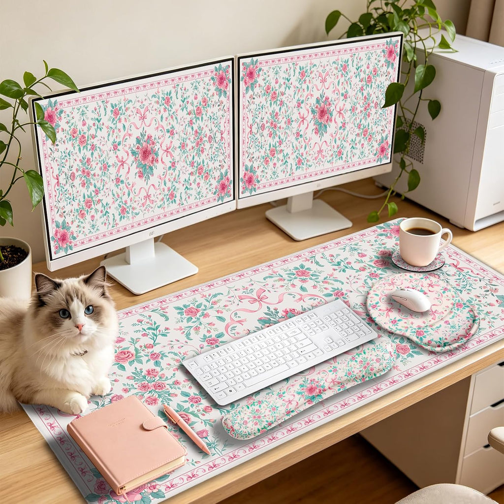 Pink Floral Desk Mat, Ergonomic Mouse Pad Set with Wrist Rest - Image 8
