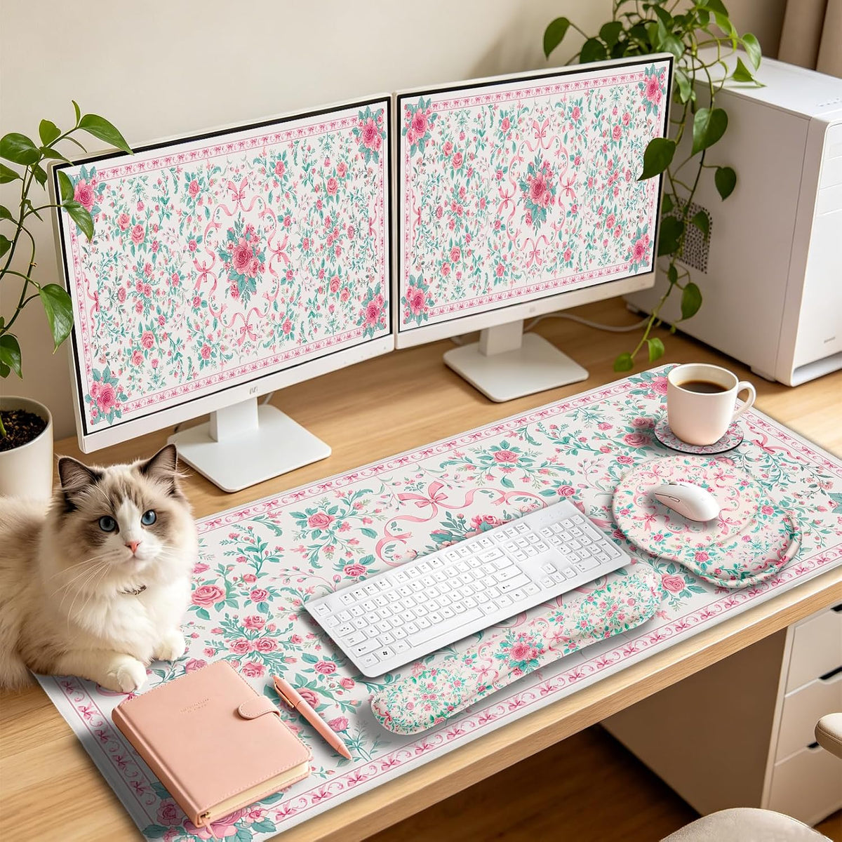 Pink Floral Desk Mat, Ergonomic Mouse Pad Set with Wrist Rest - Image 8