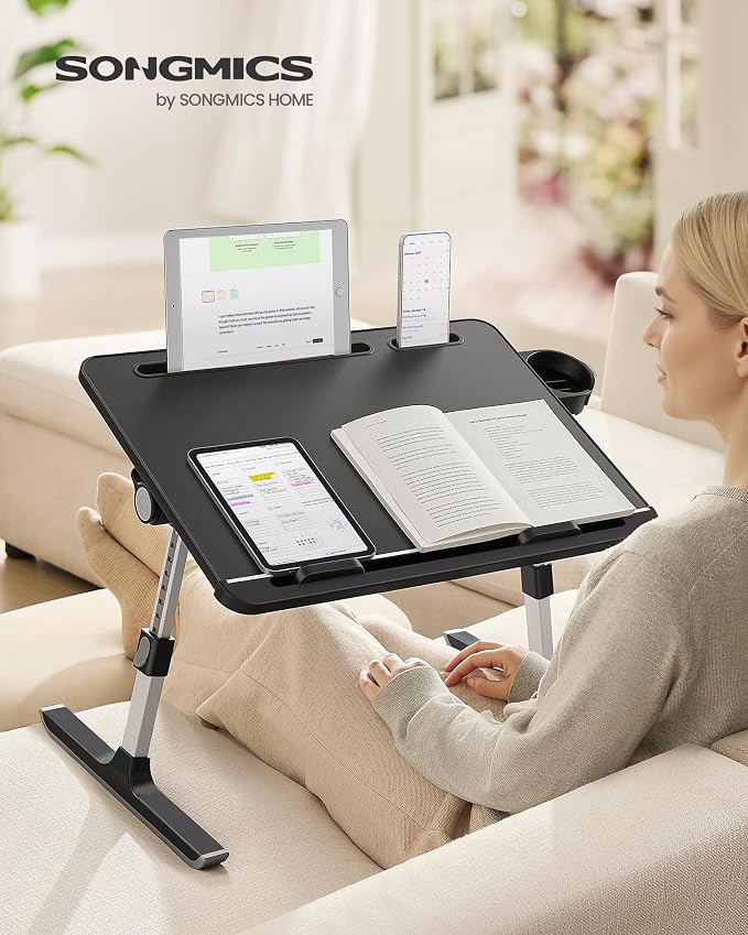 SONGMICS Bed Laptop Desk, Foldable Bed Desk for Laptop, 15.7 x 22 Inches Large Desktop, 120° Stepless Tilt, Adjustable Height, Cup Holder, Tray, Portable Bed Sofa Table, Ink Black ULLD113BC01 - Image 2