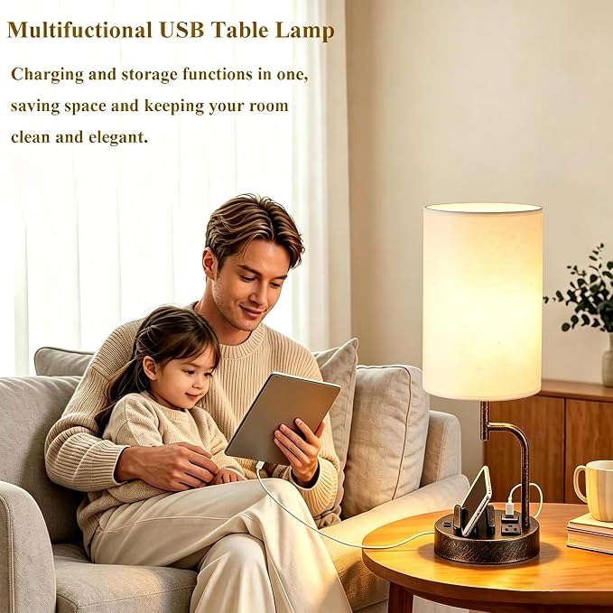 Dreamholder 2 Pack Table Lamp, Bedside Lamp with 3 USB Charging Ports & AC Outlet, USB Desk Lamp with 2 Phone Holders, Linen Fabric Shade Nightstand Lamps for Bedroom Living Room Office, Antique Brass - Image 7
