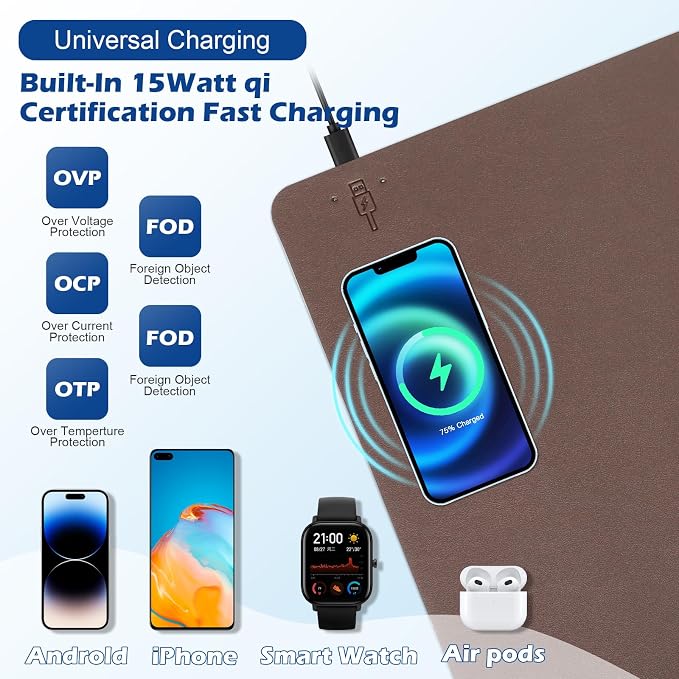 Wireless Charging Desk Mat, Mouse Pad, Brown-L, 36 * 17inch - Image 5