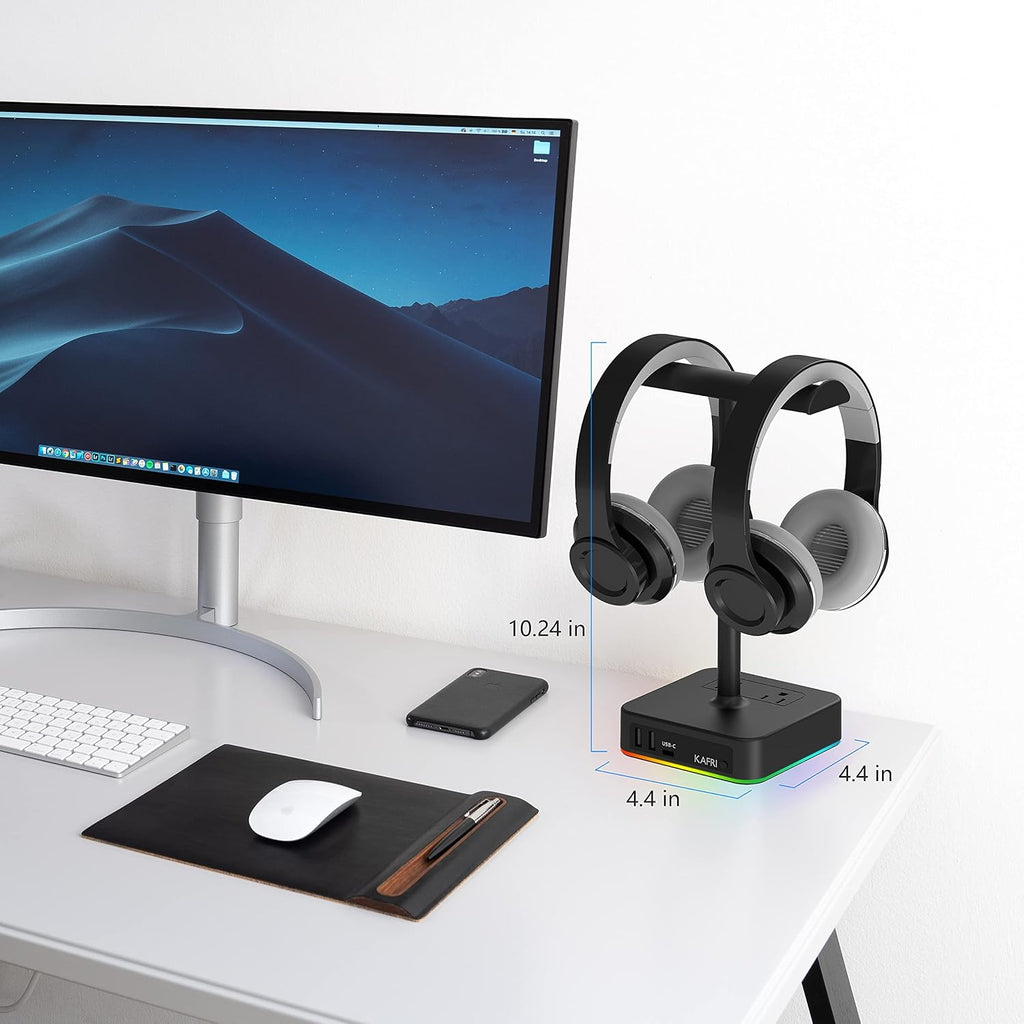 KAFRI RGB Dual Headphone Stand with USB C Charger Desk Gaming Double Headset Holder Hanger Rack with 3 USB Charging Port and 2 Outlet - Suitable for Gamer Desktop Table Game Earphone Accessories Gift - Image 7