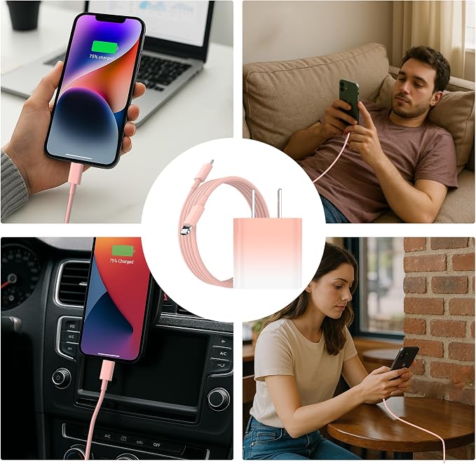 GREPHONE iPhone Charger Fast Charging,20W PD USB C Wall Charger 4 Pack with 6FT Fast Charging Cable - Fast Charger for iPhone 14/14 Pro Max/13/13 Pro/12/12 Pro/11/11 Pro/XS, iPad(Pink) - Image 6