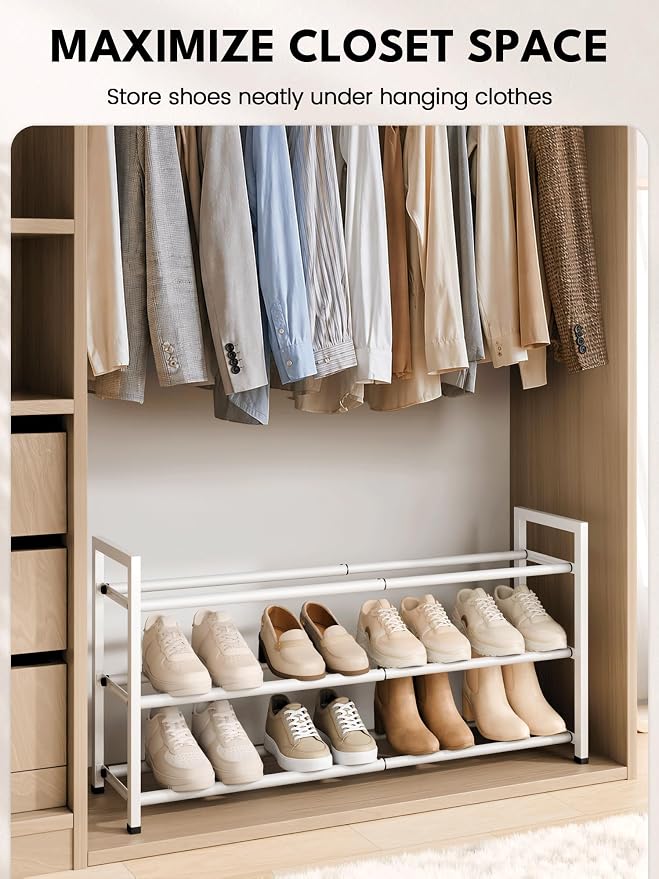 Bumusty 3 Tier Expandable Shoe Rack for Closet, White | 18"-33" Adjustable Shoe Rack for Entryway, Small Shoe Organizer for Dorm, Front Door, Sturdy Metal - Image 4