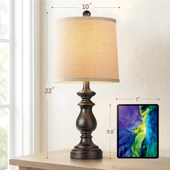 Traditional Table Lamp Set of 2, Rustic Farmhouse Table Lamps for Living Room Bedroom, 22" Bedside Desk Lamps Vintage Nightstand Lamps with Linen Shades, Oil Rubbed Bronze - Image 4