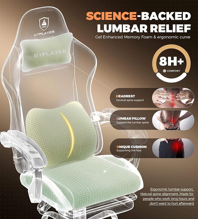 GTPLAYER Gaming Chair with Foot Rest & Pocket Spring Cushion, Ergonomic High Back Computer Desk Chair with Headrest & Lumbar Support for Back Pain Relief, Breathable Fabric, Green - Image 5