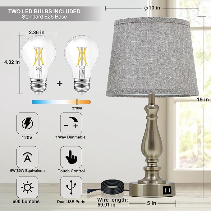EJIAXIN Table Lamps for Bedroom Set of 2,Dimmable Touch Bedside Lamps with Dual USB A+C Ports - Nightstand Lamp for End Table Modern Night Stand Lamps for Living Room Guest Room - Image 3