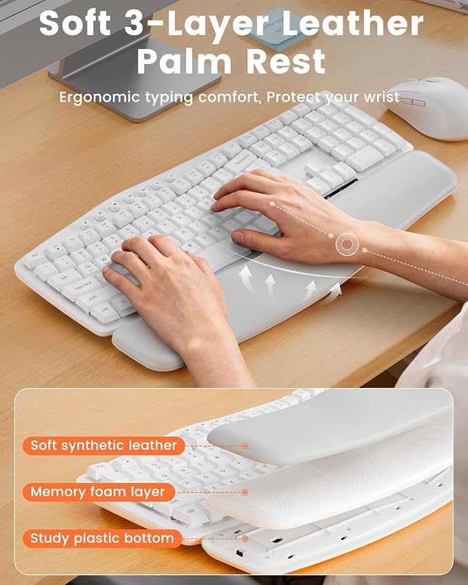 White Wireless Keyboard and Mouse Combo for MacBook & Windows, 30dB Quiet Ergonomic Keyboard Set with Wave Keys & Soft Palm Rest, Silent Typing, Dual-System Switch, Ideal for Home Office—Sablute - Image 2