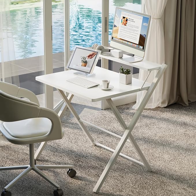 GreenForest Folding Desk No Assembly, Sturdy Computer Desk for Small Spaces | Portable Foldable Table for Laptop, 2-Tier Compact with Shelf, Space Saving for Home Office, Dorm, Apartment, 27"x 22" White - Image 2