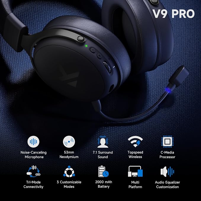 MCHOSE V9 PRO Wireless Gaming Headset 7.1 Surround Sound for PS5 PS4 PC SWITCH TOPSPEED Gaming Headphones with Noise Canceling Mic, 250Hr Battery, Low 15ms Latency, Lightweight, BT 5.3 FPS Games Black - Image 4
