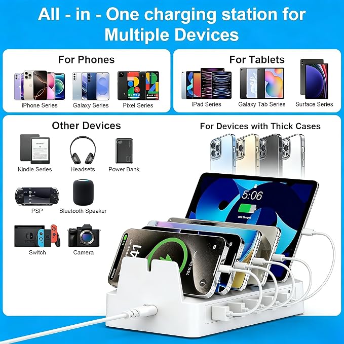 Charging Station for Multiple Devices, 6 Port USB Desktop Charger Dock Compatible with iPad, Samsung, Android, Tablet, Family Multi Phone Charging Organizer with Divider Holders, Fireproof ABS (White) - Image 9