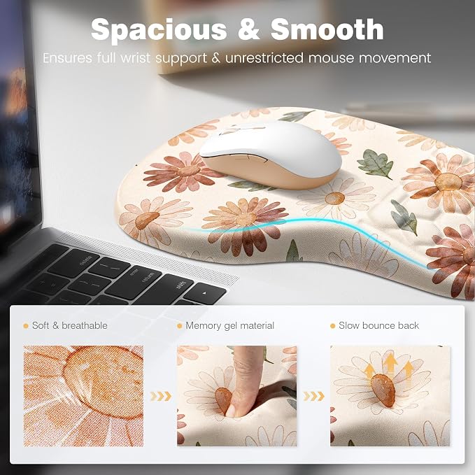 Ospelelf Keyboard Wrist Rest and Mouse Pad Set, Ergonomic Memory Foam Wrist Support, Aesthetic Desk Accessories for Office, Home & Gaming, Relief for Carpal Tunnel & Wrist Pain, Daisy - Image 3