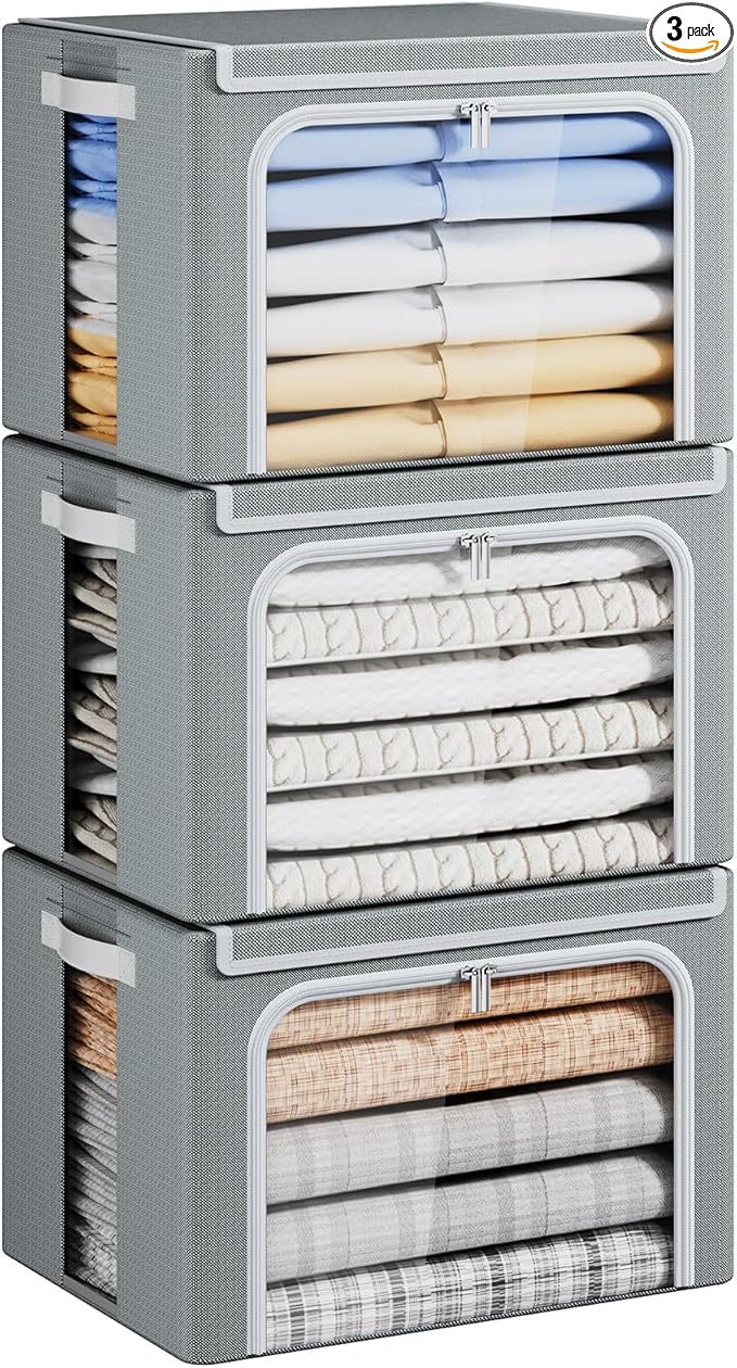 Yecaye Clothes Storage Bins with Metal Frame, Foldable Organizer Box, 40L | Stackable Zippered, With Lid, Clear Window＆ PU Leather Handles by Yecaye
