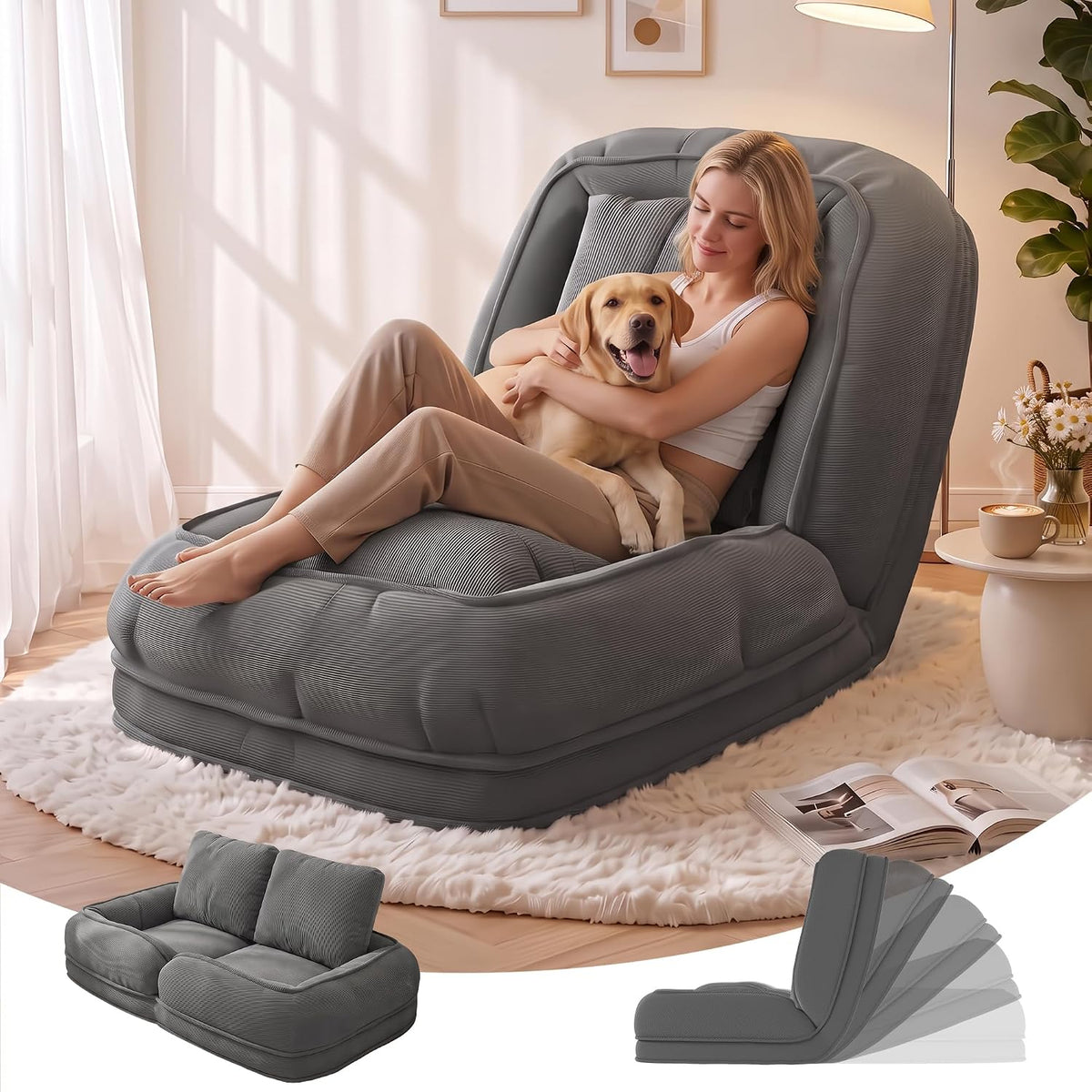 Human Dog Bed for Adults & Pets, 5-Position Adjustable Floor Chair, Convertible Lazy Sofa Bed with Metal Frame & 2 Pillows, Plush Gaming Lounge for Living Room Bedroom Office (Gray1) by XUWANSHANG
