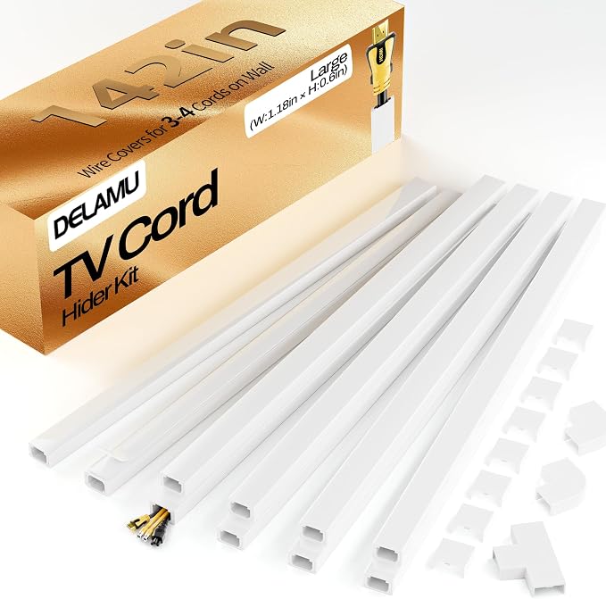 Delamu TV Cord Hider Wall, 142in Cable Hider, Large Cord Covers for 3-4 Wires on Wall, Paintable Wire Hiders Wire Covers for TV Cords on Wall, TV Cable Management Raceway, 1.18in W x 0.67in H, White by DELAMU