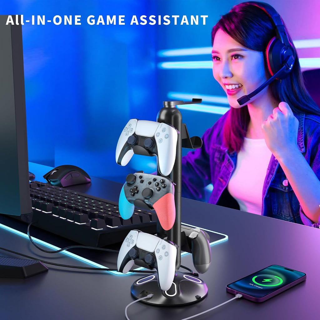 Gaming RGB Headphone Stand, Controller Holder with 9 Light Modes and 2 USB Charging Ports and 3.5mm & Type-C - Controller Stand Hanger Accessories for Desk and Gamer(Black) A - Image 6