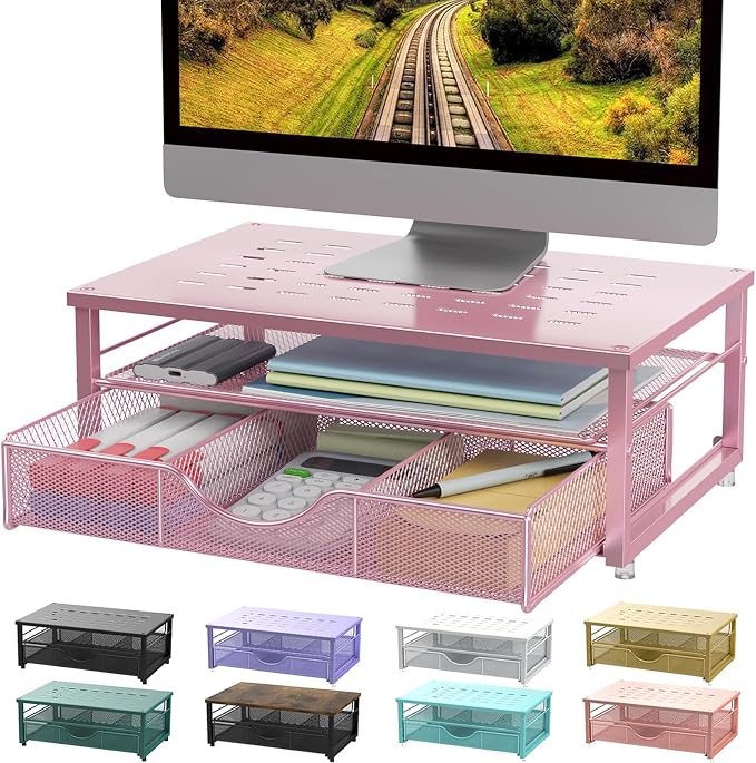 gianotter Computer Monitor Stand Riser with Drawer | Desk Organizers and Accessories Desk Accessories & Workspace Desktop Organizers Storage for Printer Stand (Pink) by gianotter