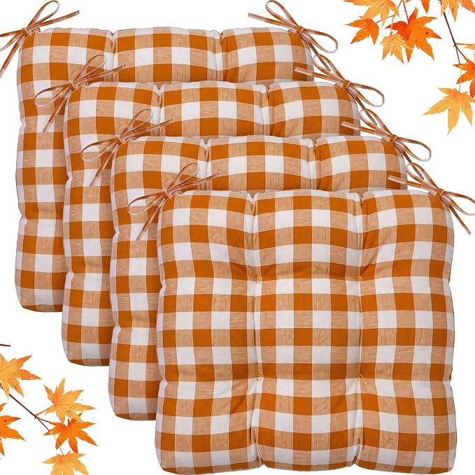 Geetery 4 Pack Chair Cushions, 16" x 15",Orange and White,Plaid by Geetery