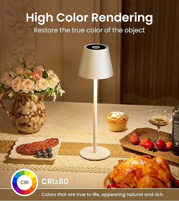 Cordless Table Lamp, Portable Battery Operated Lamp with 3 Color Temps and Stepless Dimming, Rechargeable Table Lamp for Dinner, Desk, Cafe, Outdoor (White) - Image 4