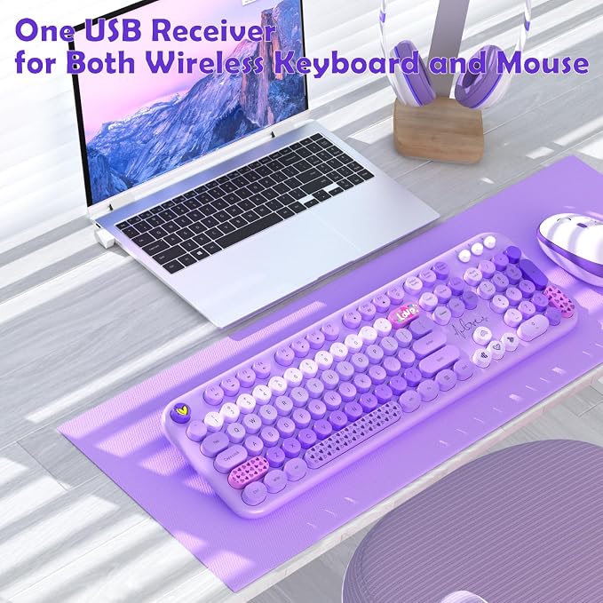 Wireless Keyboard and Mouse Combo, 104 Keys Cute Colorful Keyboard and Mouse with Retro Typewriter for PC/Mac/Laptop/Tablet/Computer/Windows Microsoft, Purple - Image 5