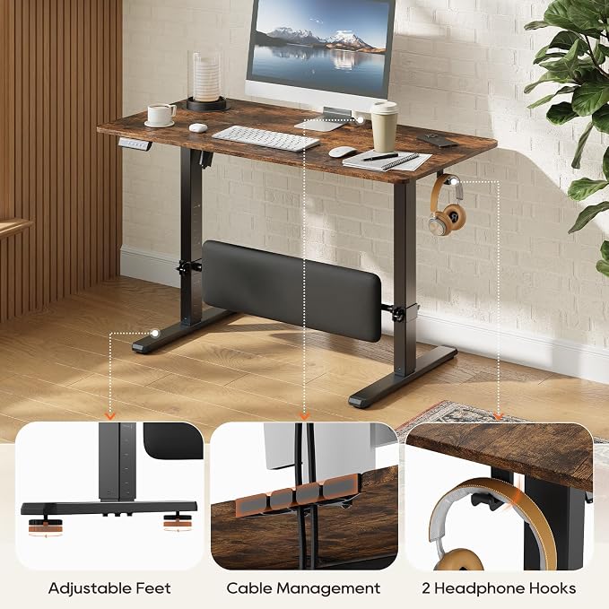 47" x 24" Electric Standing Desk with Adjustable Footrest, Rustic Brown | Height Adjustable Computer Home Office Gaming Desk with 3 Memory Presets & Child Lock, Adjustable Feet, Cable Management - Image 10